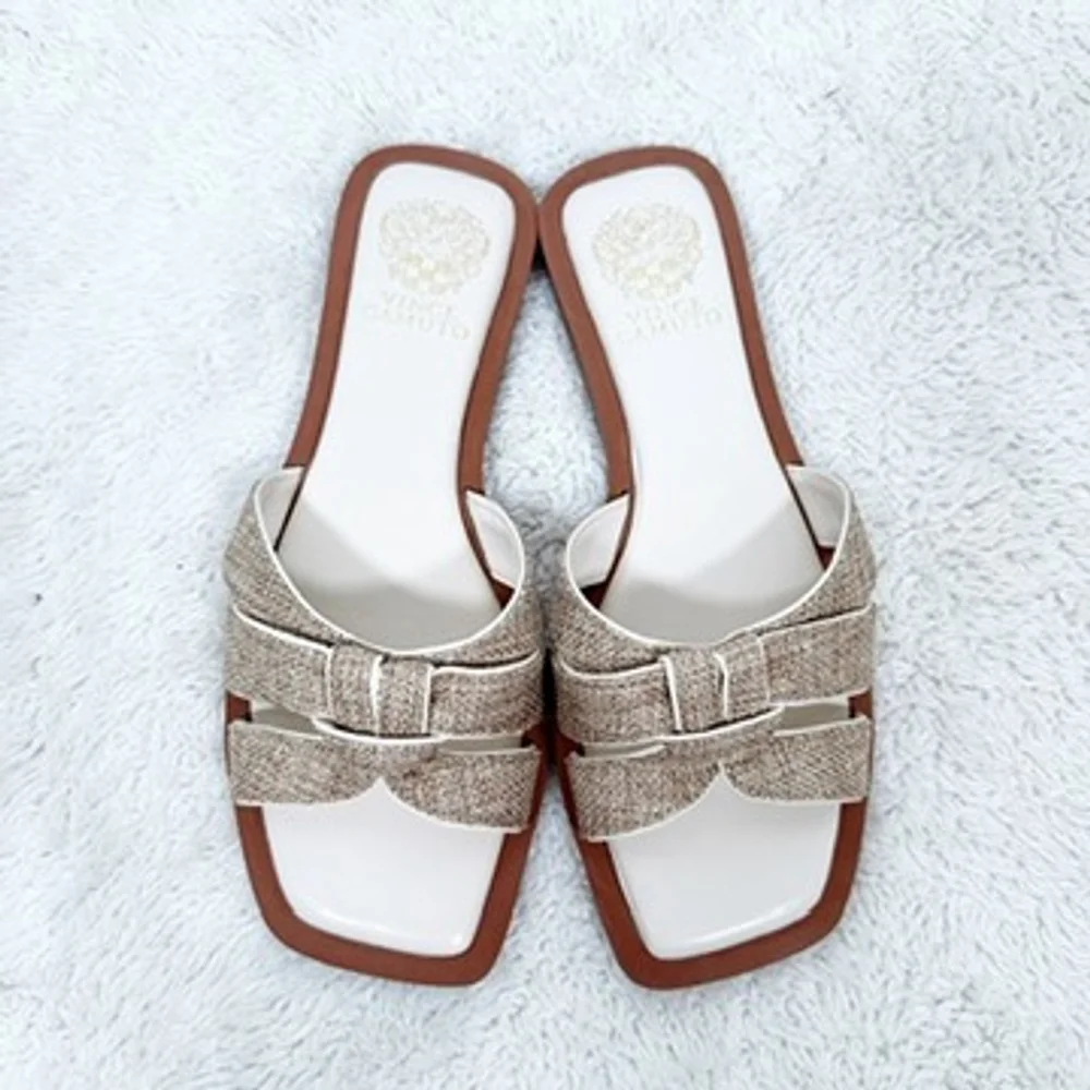 Vince Camuto Slip on Sandals Tan Woven Flats Byrdy Beachy Resort Cruise Size 7M - Picture 4 of 8